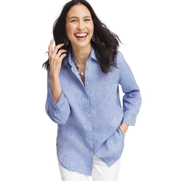 Chico’s No Iron Linen Blue Long Tab Sleeve Button Front Shirt Women’s Medium - Picture 2 of 11